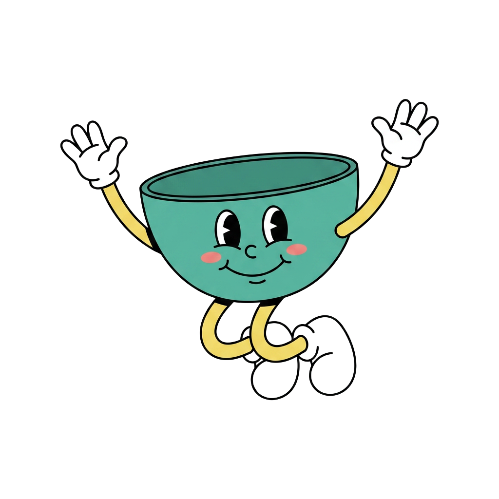 The DishUp mascot hopping with joy next to the app screen